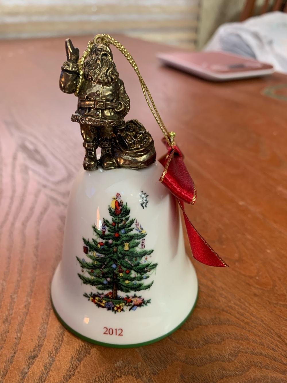 Collectible Spode White Porcelain Bell Ornament with Brass Santa and Red Ribbon